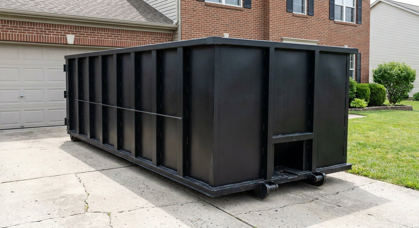 Matte-black 20-yard roll-off container on a Normal residential concrete driveway with reinforced ribbed steel sidewalls and a hinged rear walk-in door, clean bright daylight.