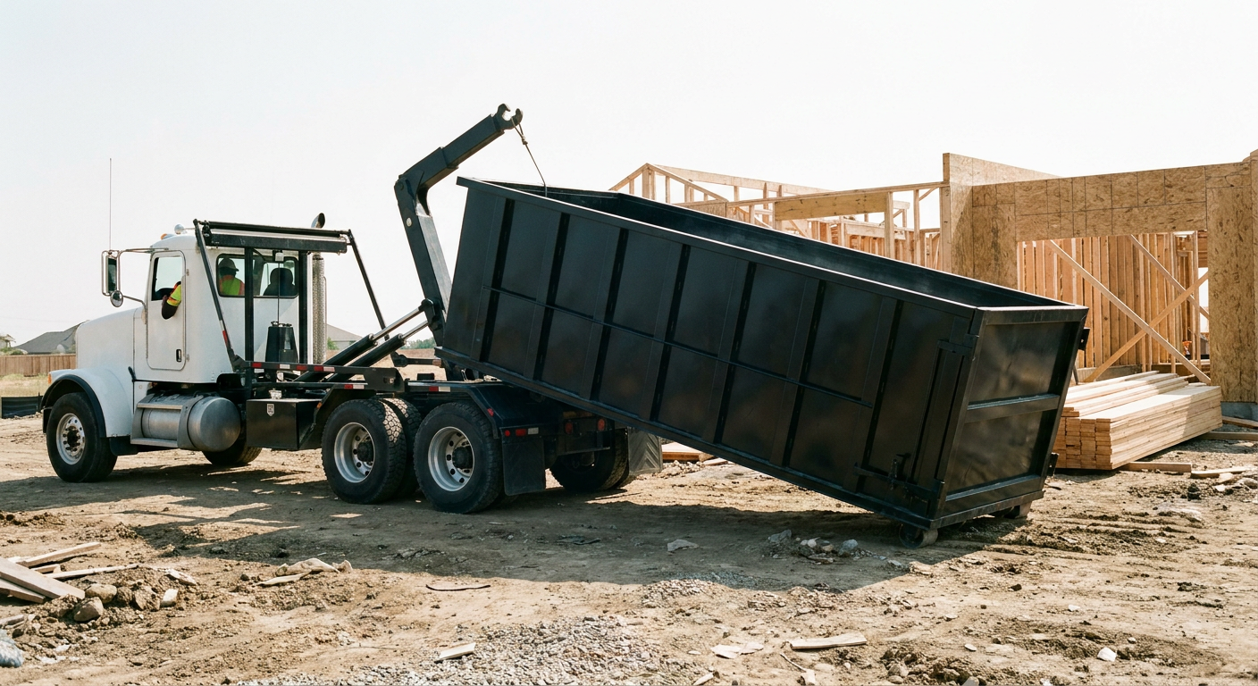 Matte-black roll-off dumpster being delivered onto a clean residential concrete driveway in Normal by an unmarked white hooklift hauler truck, bright morning daylight, documentary 35mm perspective.